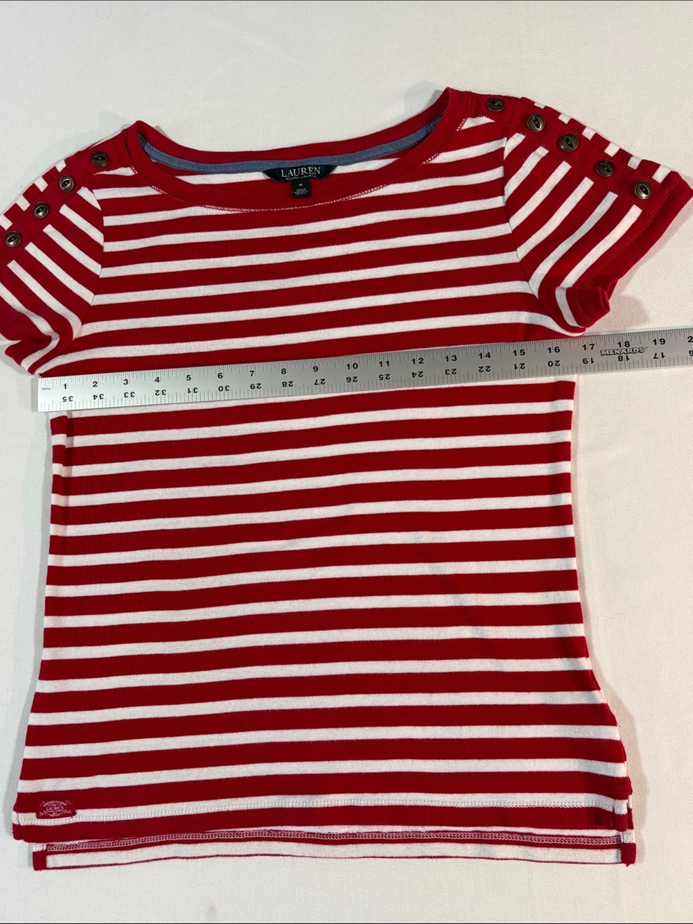 Lauren Ralph Lauren Short Sleeve Top Button-Sleeve Medium Red White Striped - Picture 9 of 13